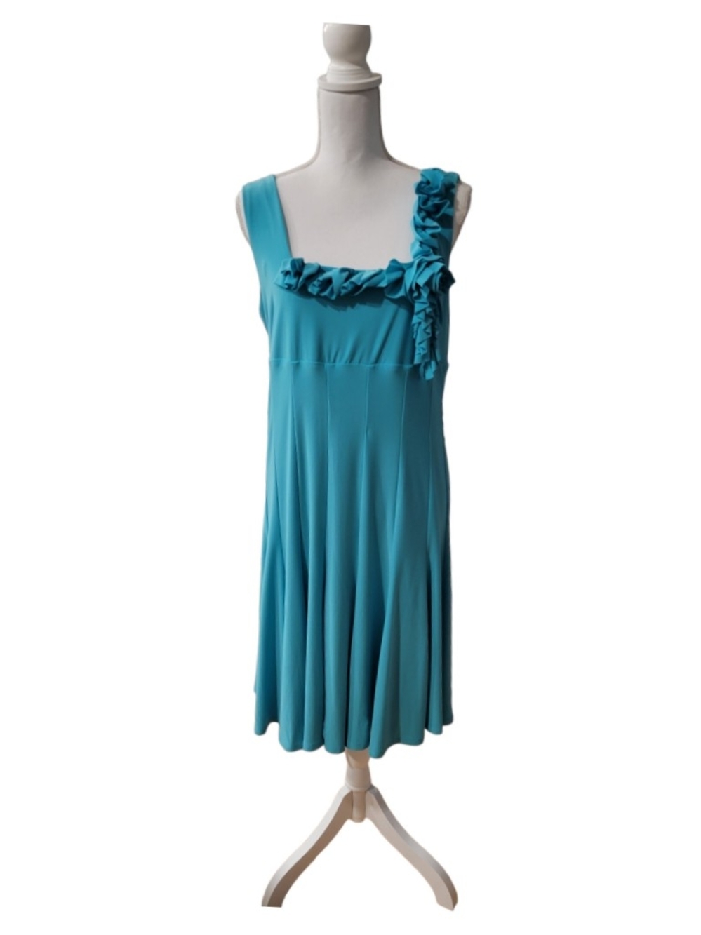 Turquoise Ruffle-Trim Square-Neck Midi Dress